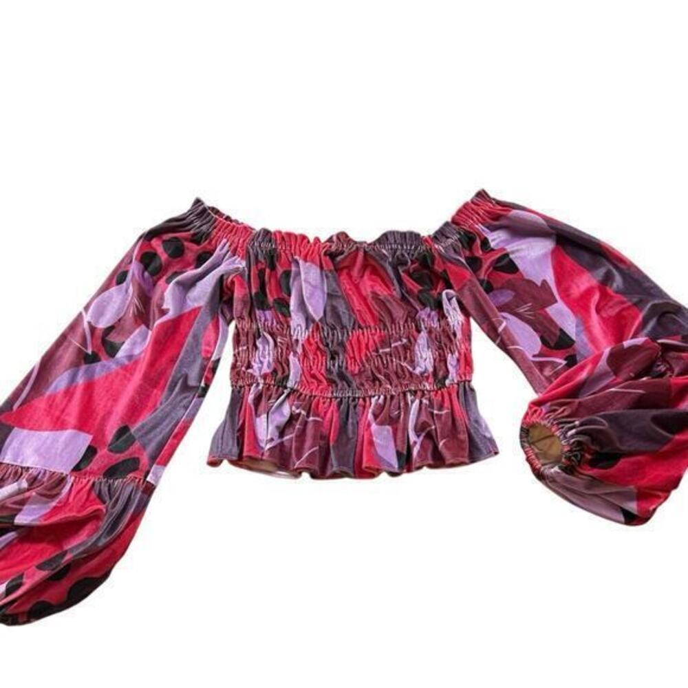 new Hutch Velvet Abstract Floral Smocked Off-Shoulder Peplum Top Pink Medium